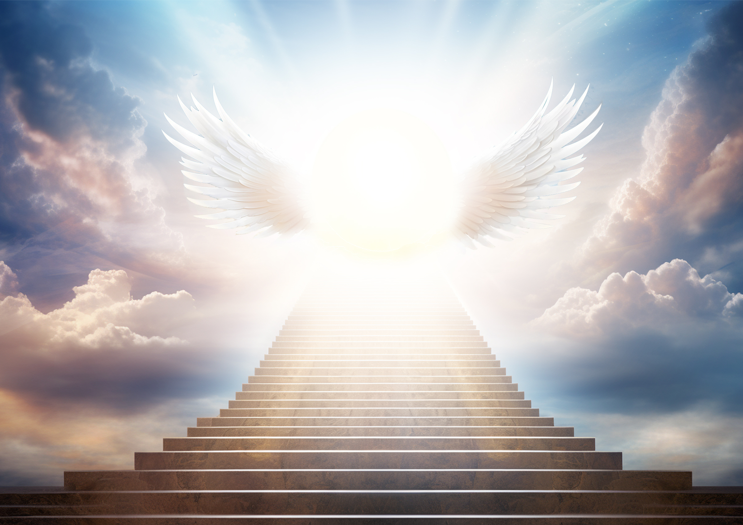  Nais toi ton ame escalier s'élevant jusqu'au ciel finissant dans la lumière avec un ange